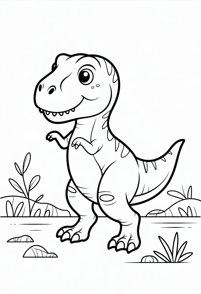 Cute Dinosaur Coloring Pages for Kids: 20 Fun and Easy Designs 24 A cute T-Rex dinosaur standing on its hind legs in a playful pose with small rocks and plants around it.